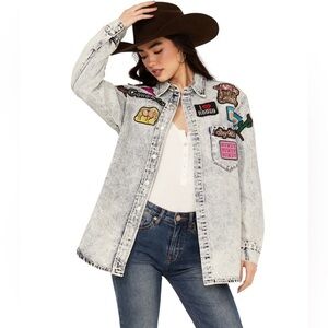 NEW blue b Light Garment Wash Yeehaw Guitar Cowboy Boot Hat Patch Denim Jacket